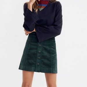 Madewell Velveteen Green A-Line Button Front Mini Skirt